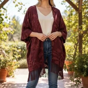 CHICO'S chenille tapestry kimono top size L XL boho fall fringe festival hippie